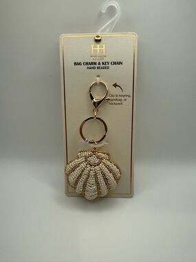 Haute Hippie White & Gold Beaded Shell Bag Charm Key Chain